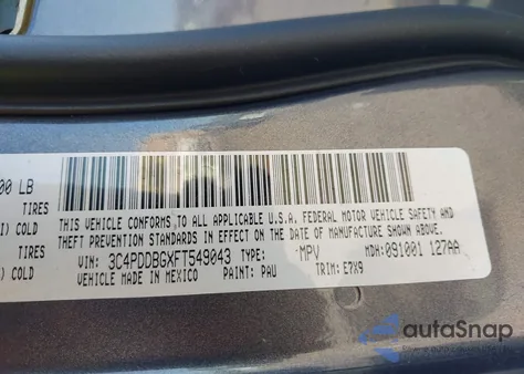 2015 Dodge Journey Sxt from USA, damaged, VIN 3C4PDDBGXFT549043